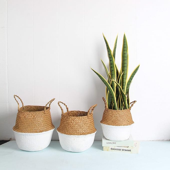 Woven Seagrass Belly Basket for Storage, Laundry, Picnic, Plant Pot Cover, and Grocery and Toy Storage (Medium, White)