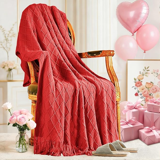 inhand Red Knitted Throw Blanket for Couch Bed, Mothers Day/Mom Birthday Gifts for Mom from Daughter Son, Soft Lightweight with Tassels, Farmhouse Warm Decorative Blanket for Women, 50"x60"