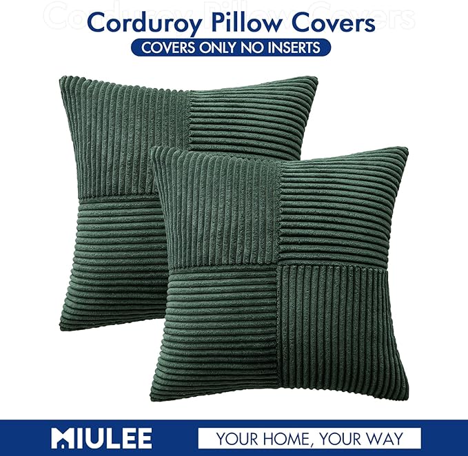 MIULEE Army Green Decorative Throw Pillow Covers 18x18 Inch for Couch Bed Sofa Pack of 2 Boho Farmhouse Throw Pillows Soft Cross Corduroy Patchwork Textured Cushion Cases