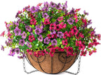 HyeFlora Artificial Faux Hanging Plants Flowers Basket for Spring Summer Outdoor Outside Decoration, Fake Silk Colorful Daisy Eucalyptus in Planter UV Resistant Realistic for Porch Patio Balcony Yard