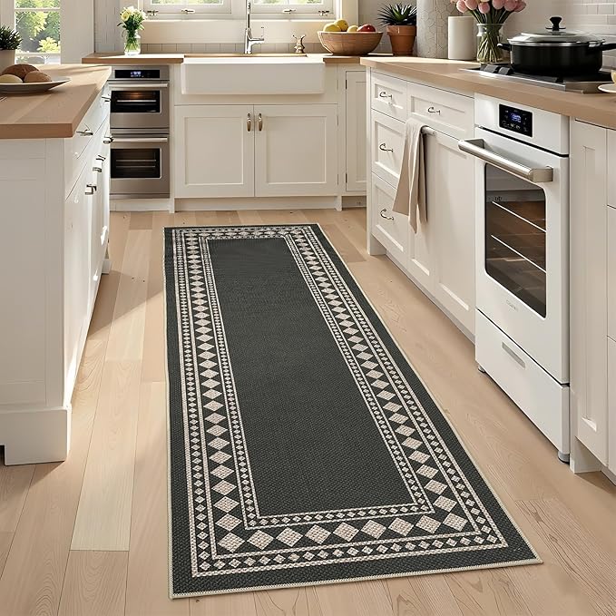 GarveeHome Jute Runner Rug 2x6 Washable Easy Jute Rug Non-Slip, Modern Bordered Indoor Outdoor Floor Mats, Easy Cleaning Geometric Neutarl Rugs for Kitchen Bedroom Balcony Entryway Porch, Black