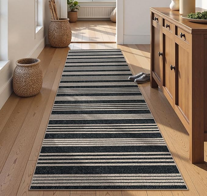 Lahome Elance Striped Easy Jute Kitchen Runner, 2x8 Neutral Indoor Outdoor Runner Rug, Farmhouse Non Slip Non Shedding Carpet for Entryway Hallway Porch Foyer Decor