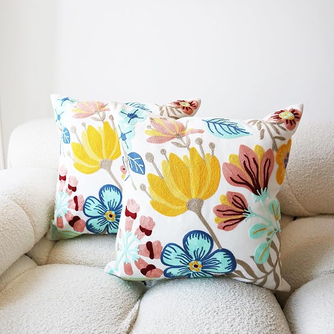 Embroidered Throw Pillow Cover Boho Floral Pillow Covers for Couch Sofa 3D Big Flowers Cotton Linen Bohemian Pillow Covers Multicolor Botanical Leaves 2PCS Pillowcase Covers 18x18 Inch