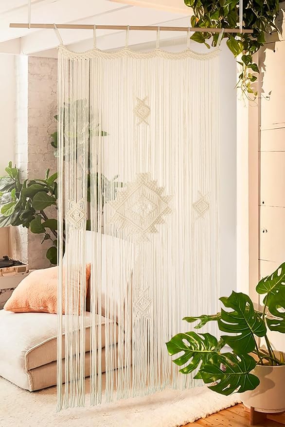 IOWER Macrame Curtain Handmade Ivory 35" W x 74" L, Boho Curtains for Bedroom, Living Room, Doorway, Wedding Backdrop, Macrame Wall Hanging, Apartment, Closet, Arch