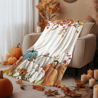 Fall Pumpkins Throw Blanket, Thanksgiving Autumn Maple Leaves Watercolor Blanket for Bed Sofa Travel and Camping, Super Soft Cozy Fluffy Plush Blanket for All Seasons, 50" x 60"