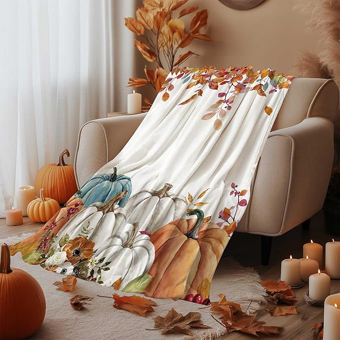 Fall Pumpkins Throw Blanket, Thanksgiving Autumn Maple Leaves Watercolor Blanket for Bed Sofa Travel and Camping, Super Soft Cozy Fluffy Plush Blanket for All Seasons, 50" x 60"