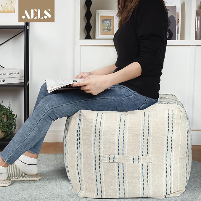 AELS Unstuffed Farmhouse Pouf Cover for Living Room, Boho Storage Bean Bag Cubes, Beige with Navy Blue Stitch Yarn Dyed Stripe Square Ottoman Pouf Foot Rest Footstool, 18"x18"x18", Cover ONLY