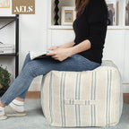 AELS Unstuffed Farmhouse Pouf Cover for Living Room, Boho Storage Bean Bag Cubes, Beige with Navy Blue Stitch Yarn Dyed Stripe Square Ottoman Pouf Foot Rest Footstool, 18"x18"x18", Cover ONLY