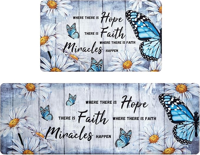Likiyol Butterfly Floral Kitchen Rugs 2 Piece Farmhouse Kitchen Mats Cushioned Anti Fatigue, Non Slip Washable Kitchen Mats for Floor White Daisy Comfort Mat for Home Sink, 18'' x 30'' + 18'' x 48''