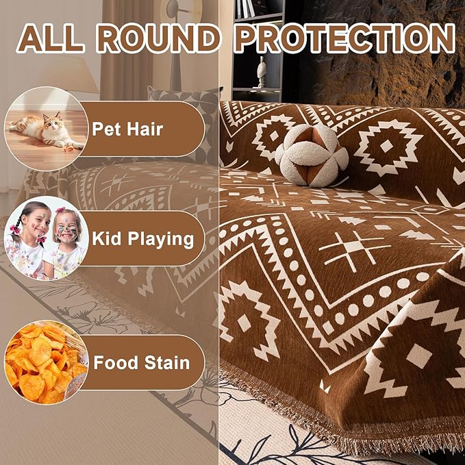 VClife Bohemian Couch Cover Aztec Geometric Chenille Sofa Cover for Sectional Couch - Brown and White Zigzag Pattern Sofa Slipcover for 2 Cushion Couch Sofa 71" X 150"