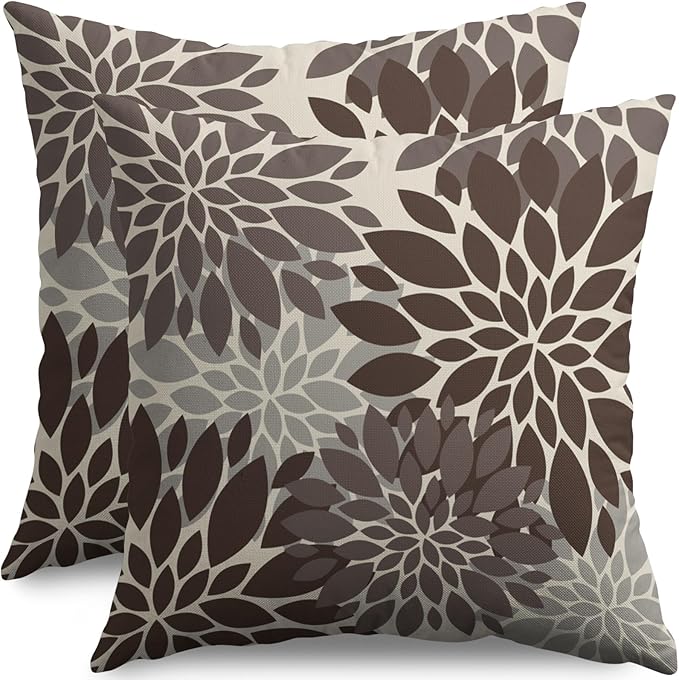 Dark Brown Grey Gray Pillow Covers 24X24 Inch Set of 2, Dahlia Flower Spring Summer Floral Cream Decorative Throw Pillow Covers Outdoor Modern Farmhouse Cushion Case for Home Couch Sofa Bed Decor