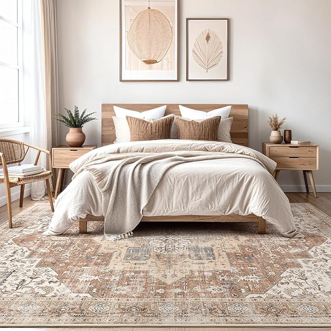 Washable Rug 9x12 Area Rugs: Boho Vintage Distressed Oriental Medallion Neutral Thin Large Rug Carpet for Living Room Bedroom Dining Room Home Office Decor - Brick Red
