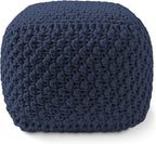 Casafield Square Pouf Ottoman, Navy Blue 18.5" W x 18.5" D x 14.5" H Cotton Knit Foot Stool - Boho Floor Pouffe for Living Room, Bedroom, Home Office