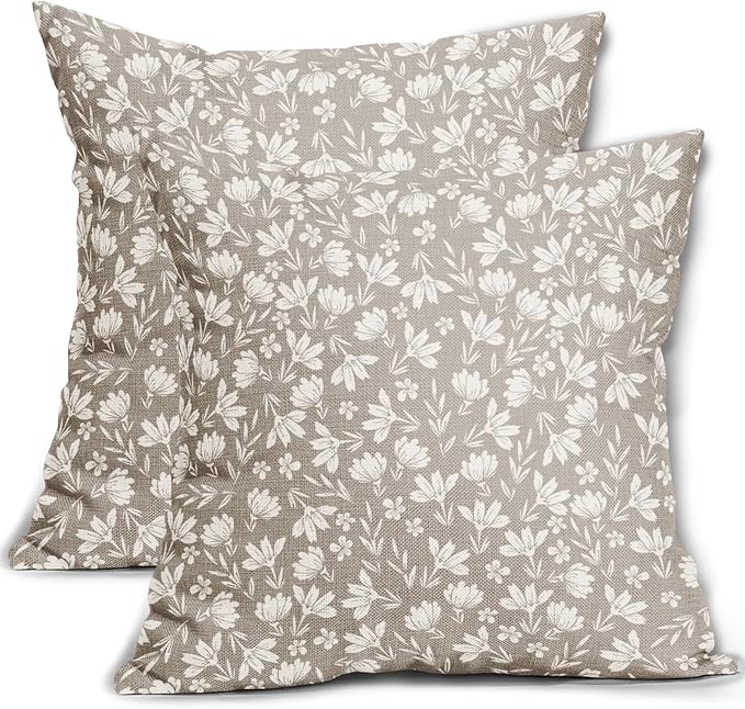 Tan Khaki Floral Pillow Covers 16x16 Set of 2 Vintage Rustic Old Style Cute Small Flower Cream Print Decorative Outdoor Pillowcases Farmhouse Throw Cushion Case Decor for Couch Sofa Bed