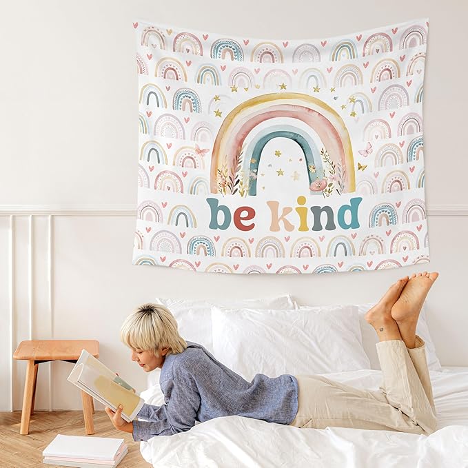 WARDOS Boho Rainbow Classroom Tapestry, Be Kind Motivational Tapestry Wall Hanging, Boho Pastel Rainbow Wall Blanket Decor for Classroom Kids Room Nursery Playroom, 50x60 Inch