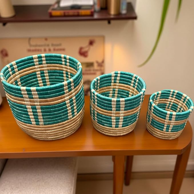 African Planter Baskets Sets of 3 Woven Sisal Baskets for Indoor Plant Pots Covers Home Decor Storage Organizer Gifts Zen Designs Arts and Crafts (Turquoise and Biege)