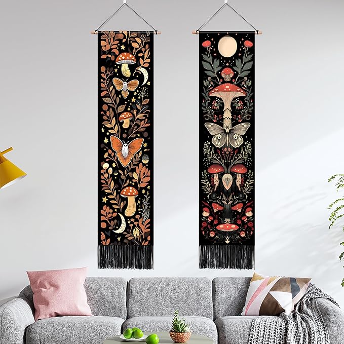 AOHMPT Pack of 2 Long Vertical Tapestry,Nature Landscape Tapestry with Serene Mountain River, Moon & Sun Motifs,Traditional Ink Painting Wall Art,Zen Aesthetic Wall Hanging for Living Room Bedroom Decor 13" W x 51" H"