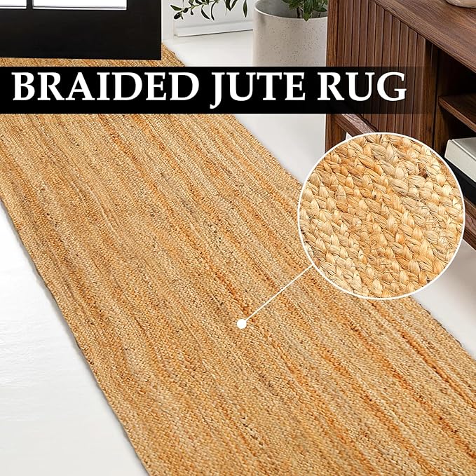 Hand Woven Jute Area Rug - 2' x 6' Feet - Rustic Beige Reversible Rectangular Rugs for Bedroom, Kitchen, Living Room - Vintage Natural Braided Entry Floor Décor Boho Jute Rug 24 X72 Inches