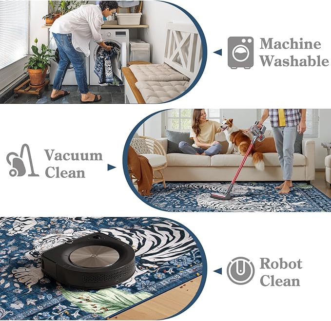 Moynesa Tiger Washable Area Rugs for Living Room, 5x7 Vintage Soft Rug for Bedroom, Non Slip Boho Botanical Ultra Thin Large Stain Resistant Throw Rug for Dining Guest Room, Blue