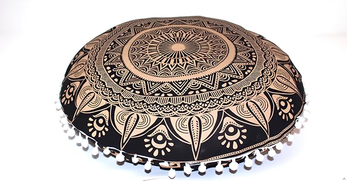 CRAFT KALA Large Round Bohemian Floor Pillow Pouf Cover Mandala Meditation Room Pillow Cover for Adults Boho Seating Poufs Cushion Cover for Kids Playroom Black Golden 32" Round