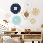 Chunful 7 Pcs Boho Wall Basket Decor Rattan Flower Wall Decor Nursery Daisy Flower Woven Macrame Hanging Flowers for Baby Kids Girls Farmhouse Bedrooms Living Rooms Kitchen Home(Blue)