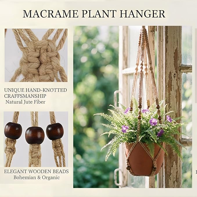 Macrame Plant Hanger 23", Set of 2 No Tassel Hanging Plant Holder Indoor, Sturdy Flower Pot Holder with Hooks - Brown (Pot NOT Included)