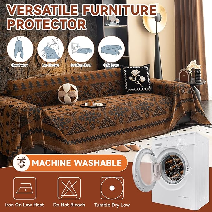 VClife Boho Couch Cover for Christmas 1 Piece Soft Warm Couch Cover for Sectional Sofa, Washable Pumpkin and Black Jacquard 3-Seaters Sofa Covers for Home Office RV 71"x134"