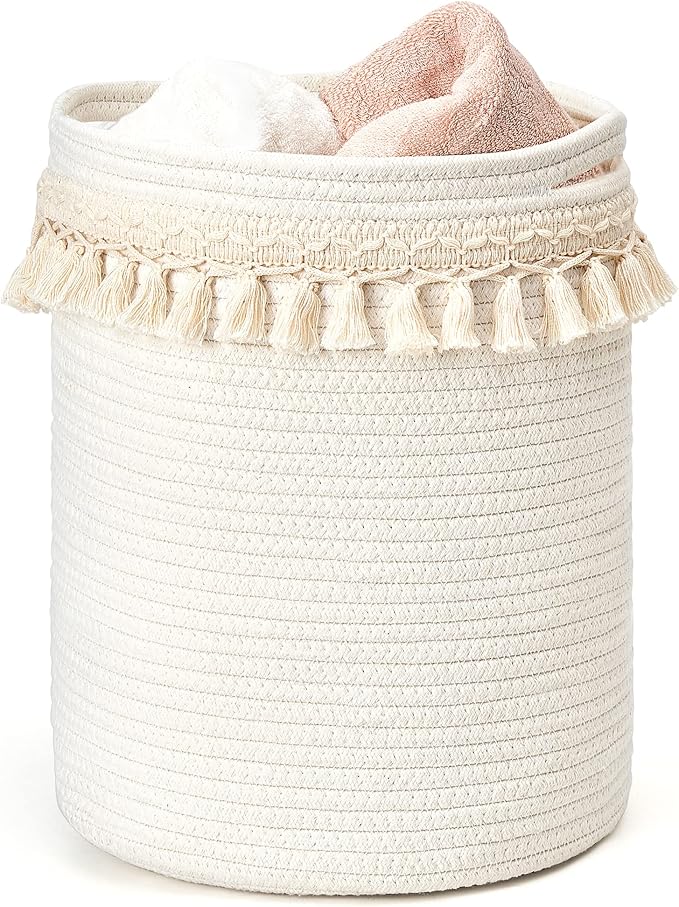 Mkono Macrame Decorative Cotton Rope Basket Boho Nursery Decor Small Cute Woven Tassel Closet Storage Bins Organizer for Baby Toys,Magazines, Potted Plants Cover,Living Room,Bedroom, 15.7"x19.6"