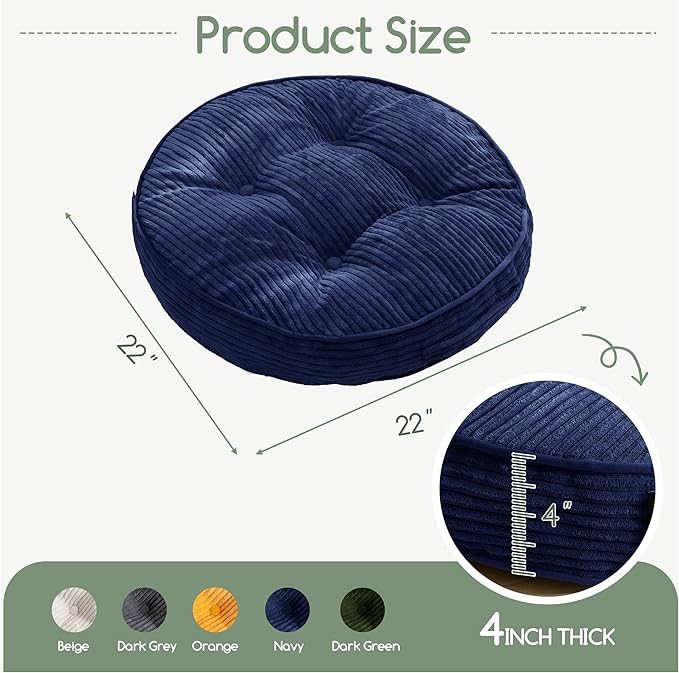 HIGOGOGO Floor Pillow Cushion for Adults, Meditation Cushion Pillow, Large Round Floor Sitting, Tufted Corduroy Cover, for Tatami Living Room or Yoga, 22x22 Inch, 2Pack, Navy