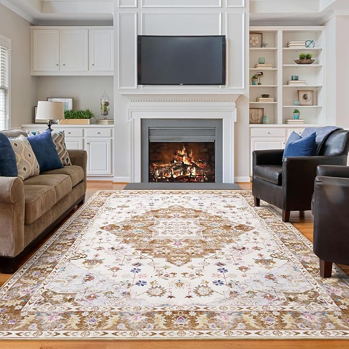 Amearea Vintage Design Area Rugs for Living Room, 6x9 Machine Washable Floral Collection Traditional Bedroom Rug, Low Pile Cute Kids Room Print Carpet, No Slip Office Kitchen Home Decor, Gold Yellow