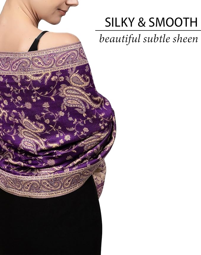 Achillea Reversible Paisley Pashmina Rave Scarf – Exotic Indian Shawls and Wraps for Evening Dresses, Festivals, All Seasons