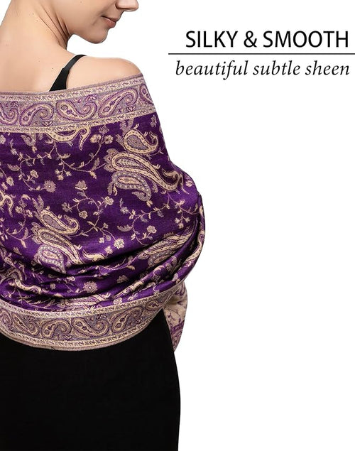 Achillea Reversible Paisley Pashmina Rave Scarf – Exotic Indian Shawls and Wraps for Evening Dresses, Festivals, All Seasons