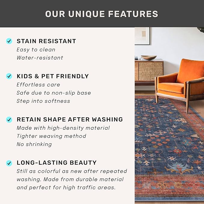 Navy Blue Runner Rug 2x5 for Hallway, Kitchen, Bathroom, Mudroom, Laundry Room, Washable Non Slip Non Skid Rubber Backing Low Pile Stain Resistance