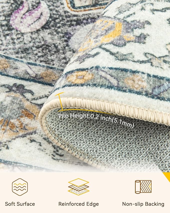 Area Rugs 8ft Washable Non-Slip, Floral Vintage Distress Print Pattern Medallion Carpet for Living Room Bedroom Dining Room, Light Yellow Carbon Grey Orange