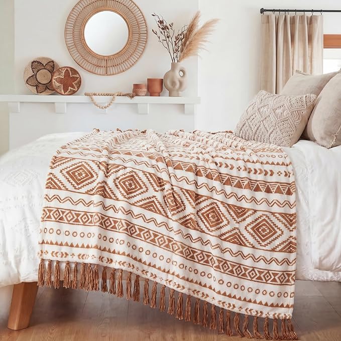 CASAAGUSTO Boho Throw Blanket - Terrcotta Decorative Blankets with Tassel, Printed Flannel Bohemian Blanket for Chair, Bed, Sofa, Couch(50 * 60, Terrcotta)