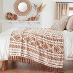 CASAAGUSTO Boho Throw Blanket - Terrcotta Decorative Blankets with Tassel, Printed Flannel Bohemian Blanket for Chair, Bed, Sofa, Couch(50 * 60, Terrcotta)