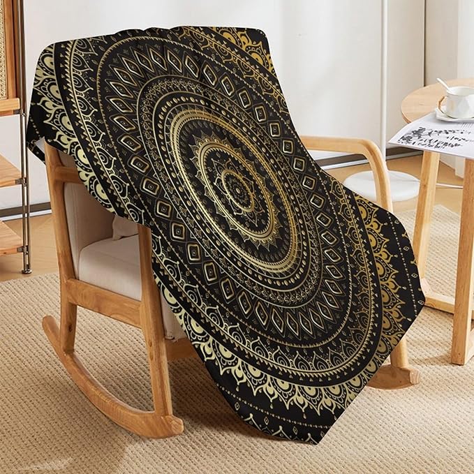 Black Gold Mandala Throw Blanket Boho Indian Hippie Vintage Abstract Bohemian Flower Blanket for Sofa Bed Couch Chair Or Dorm 40"x50"