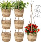 6 Pcs Seagrass Hanging Planter Basket Hand Woven Plant Basket with Plastic Liners Hanging Plant Holder Storage Containers with Cotton Rope for Indoor Outdoor Garden Home Decor(Beige)