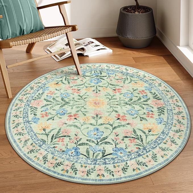 Lahome Sylvie Green Round Rug for Bedroom 4ft, Sage Washable Small Kids Bathroom Circle Rug, Boho Nursery Circular Carpet Girl, Soft Non-Slip Carpet for Kids Room Sunroom