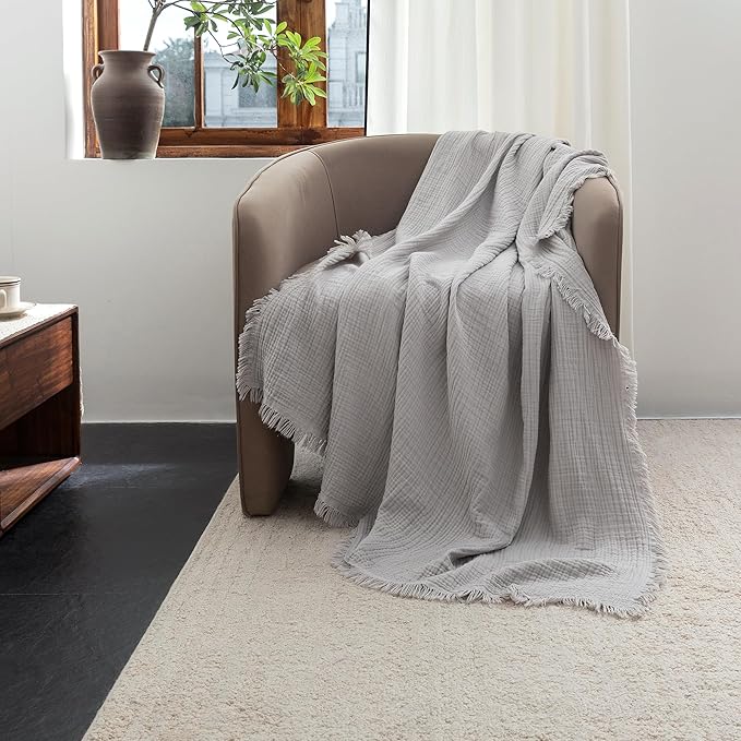 FOSSA Muslin Blanket with Fringe - 4-Layer 100% Cotton Gauze Super Soft & Breathable Throw -Lightweight Decorative Cooling Blanket for Bed, Sofa, Office -Twin XL Size 90" x 66" (Grayish)