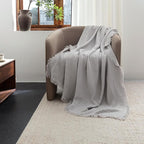 FOSSA Muslin Blanket with Fringe - 4-Layer 100% Cotton Gauze Super Soft & Breathable Throw -Lightweight Decorative Cooling Blanket for Bed, Sofa, Office -Oversize Queen Size 98" x 98" (Grayish)