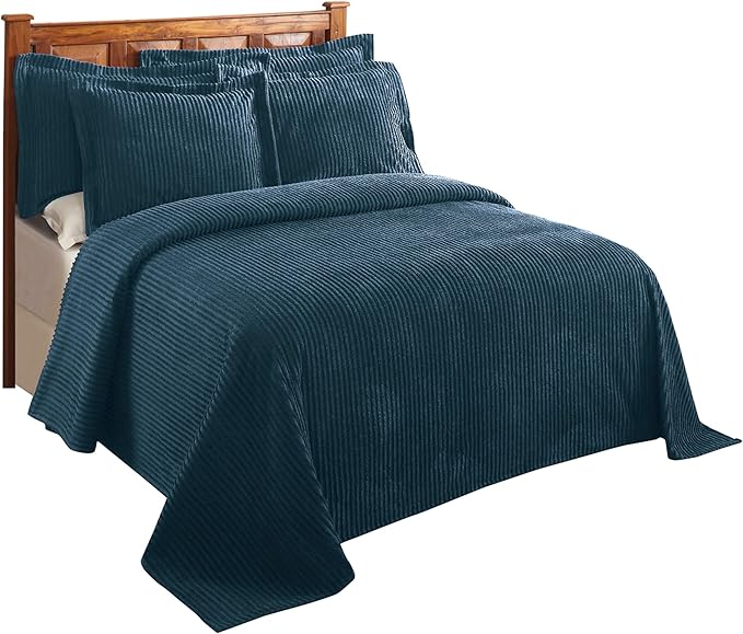 Better Trends Chenille Bedspreads Full/Double Size, Teal 100% Cotton Chenille Stripe Design Tufted Bedding Coverlet Soft Lightweight, 96"x110" with 2 Sham, 3 Pieces Set Jullian Collection