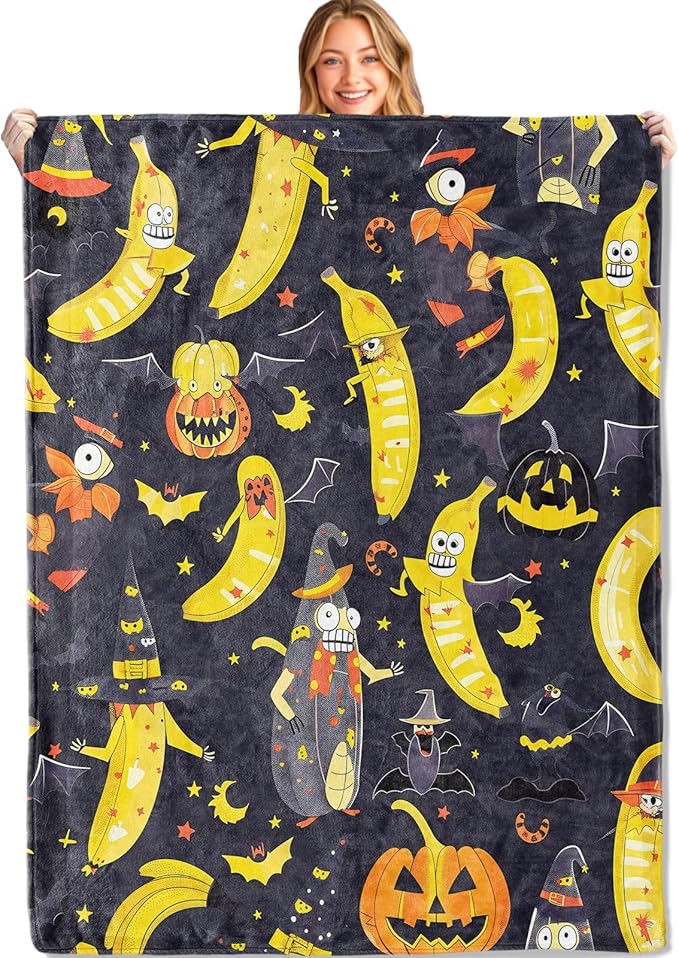 Spooky Banana Throw Blanket - 40x50in,Ultra Soft, Cozy Lightweight Flannel,Pumpkin & Bat Holiday Blankets - Gifts for Women & Nature Lovers,For Halloween Couch Home Living Room Festive Decor