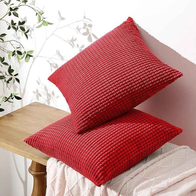Softalker Throw Pillow Covers 20x20 Inch, Set of 2, Soft Corduroy Boho Stripe Decorative Pillow Cover, Couch Fluffy Pillow Cover for Farmhouse Home Decor Bed Living Room, Red