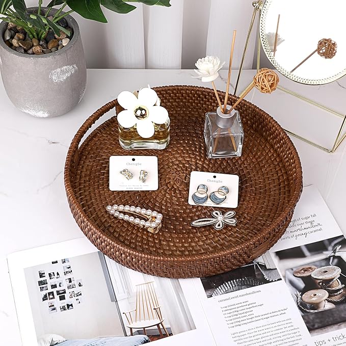 Hipiwe Round Rattan Serving Tray Handwoven Decorative Wicker Basket Trays with Handles Coffee Table Centerpiece Tray Fruit Organizer Basket for Breakfast Drinks Snack, 12 inch