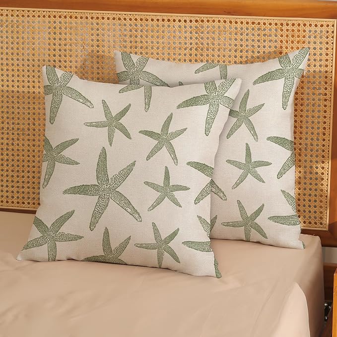 Sage Green Starfish Pillow Covers 18x18 Set of 2 Coastal Throw Pillows Spring Summer Nautical Ocean Theme Beach Decorative Pillow Cases Farmhouse Outdoor Decor Cushion Case for Home Bedroom