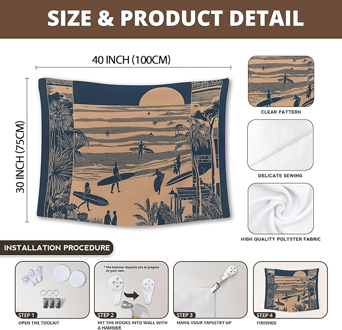 XLDLIOO Coastal Beach Wall Tapestry, Ocean Beach Wall Tapestry Hanging for Bedroom, Vintage Coastal Surf Palm Tree Sunset Landscape Tapestries Decor Art for Home Living Room, 40x30in