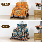 100% Cotton Throw Blanket, Muslin Breathable Soft Bed Quilt Orange Throw - Bohemian Floral Farmhouse Decor Blanket for Sofa Couch Chair and Gift. 50" x 60"