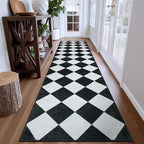 Beeiva Checkered Print Washable Rug Runners for Hallways Non Slip 2.5x10, Ultra Thin Black Kitchen Runner Stain Resistant Hallway Runner Rug 10 ft, Checkerboard Carpet for Bathroom Entryway Decor