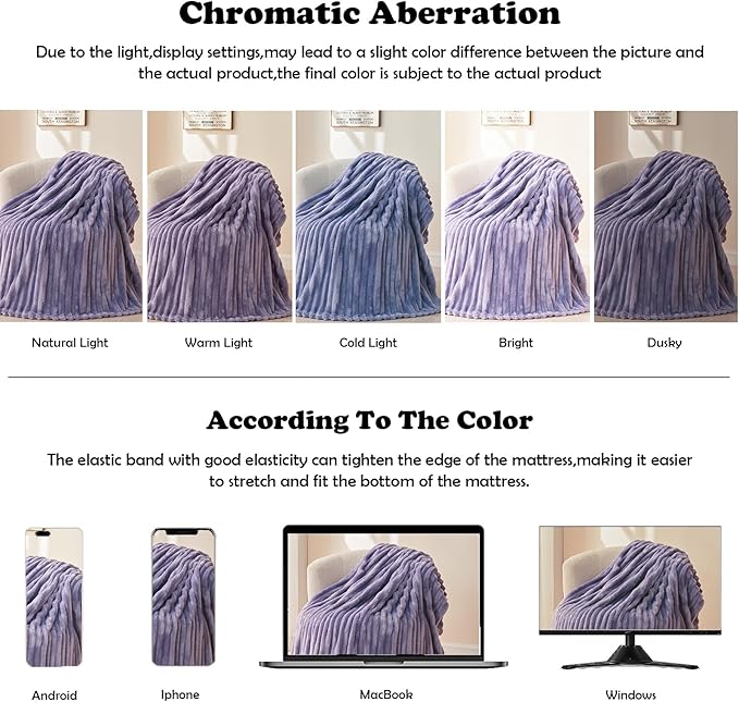 NEWCOSPLAY Super Soft Queen Blanket Lavender Premium Silky Flannel Fleece 3D Ribbed Jacquard Lightweight Bed Blanket All Season Use (Lavender Ribbed, Queen(90"x90"))